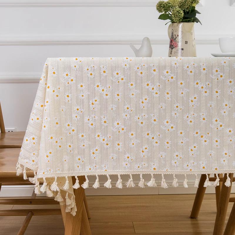 Pastoral Beige Daisy Cotton Linen Tablecloth - Japanese Style Floral Design