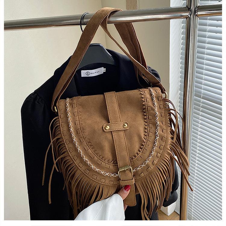 Tassel Bag Brown Retro Western Denim Bag Niche Ethnic Bohemian Messenger Bag Women's Trendy Shoulder Bag