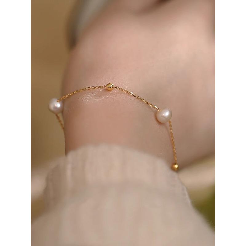 Women's Two Pearl Bracelet with Broken Silver Light Luxury Temperament All-Match Bracelet Petty Gold Square Design for Girlfriend