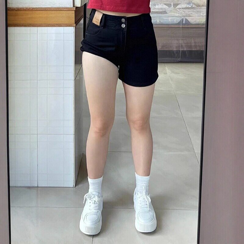 

Chic Sweet and Spicy Shorts No Butt Exposed A Word Pear-Shaped Figure Slimming Plus size Chubby Girl High Waist Denim Hot Pants Summer Elegant Black M