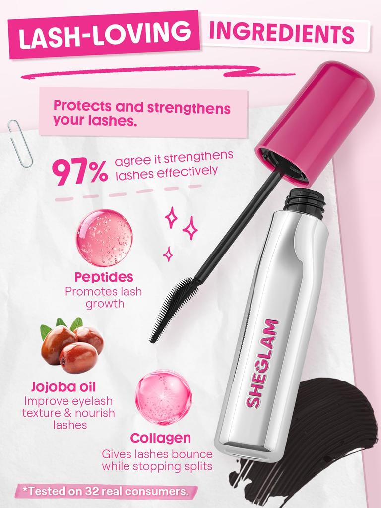 SHEGLAM Lash Writer Up & Out Mascara - Volume & Length, Feather Comb Brush, Waterproof, Smudge-Resistant, Peptide Formula, Cruelty-Free