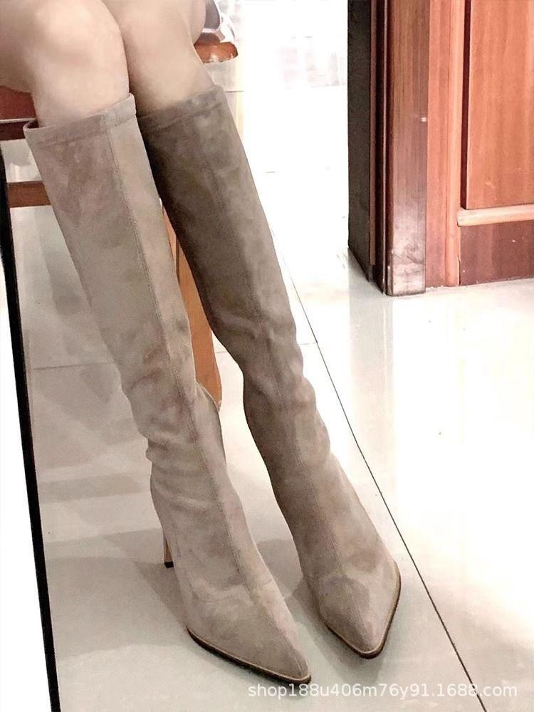 2025 autumn and winter new French temperament apricot suede elastic thin boots but knee knight high boots thick heel