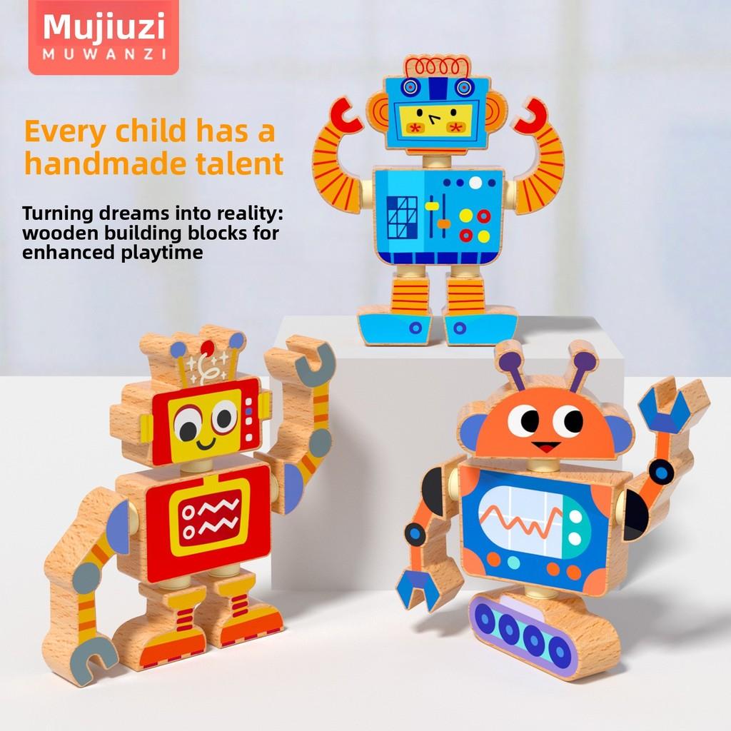 6 Piece Wooden Cartoon Robot Assembly Building Block Children Puzzle Toy Set For Brain Development