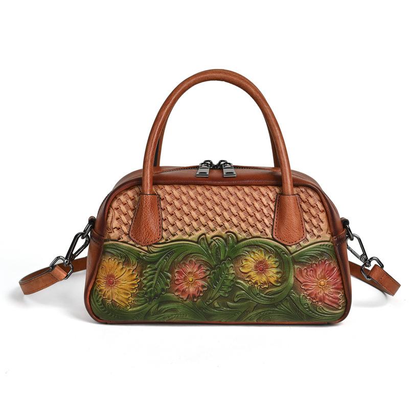 Johnature Ethnic Style Genuine Leather Retro Handbag Handmade Leather Carving Women's Shoulder Crossbody Bags