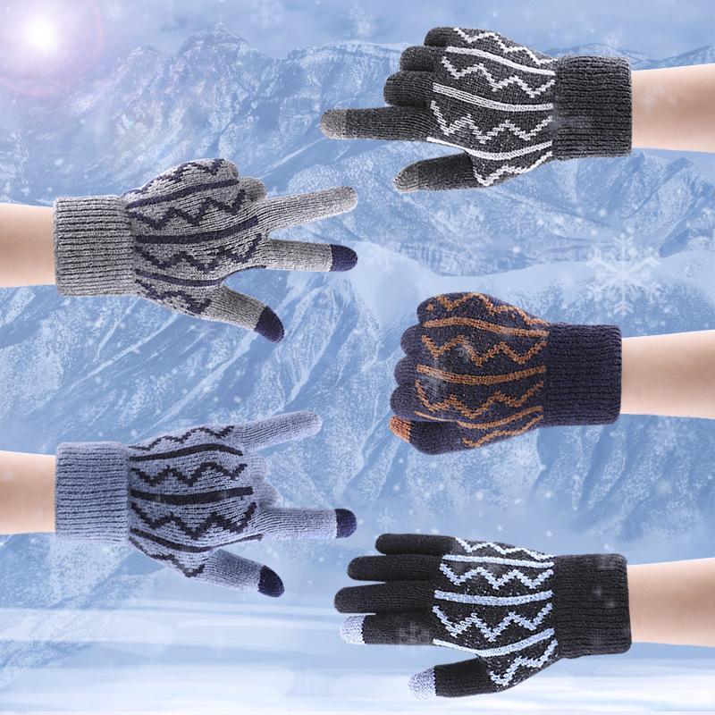 Thick Velvet Gloves for Warmth Men's Gloves for Winter Jacquard Knitting Gloves Touch Screen Cold Resistant Gloves