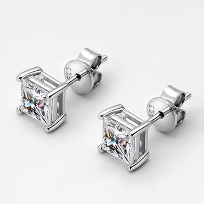 KNOBSPIN D Princess Cut Moissanite Earring S925 Sliver Plated with White Gold Earrings for Women Fine Jewelry