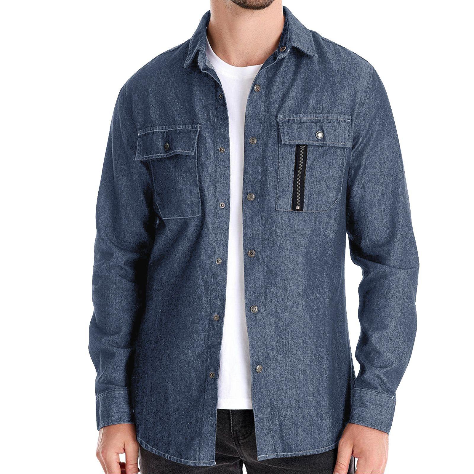 Мужская однотонная джинсовая рубашка с лацканами и пуговицами — фото 6