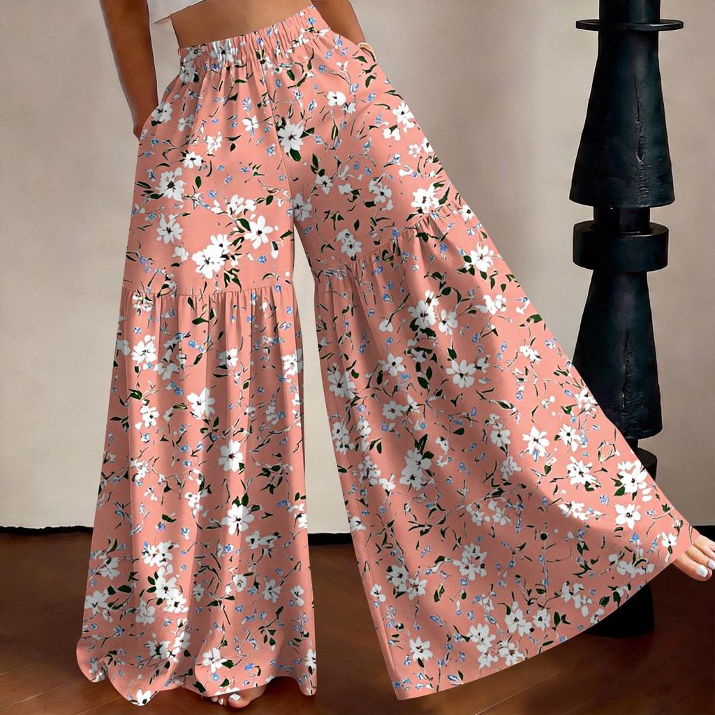 Women High Waist Loose Fit Lightweight Wide Leg Pants Vintage Floral Print Flowing Long Trousers Casual Relaxed Style