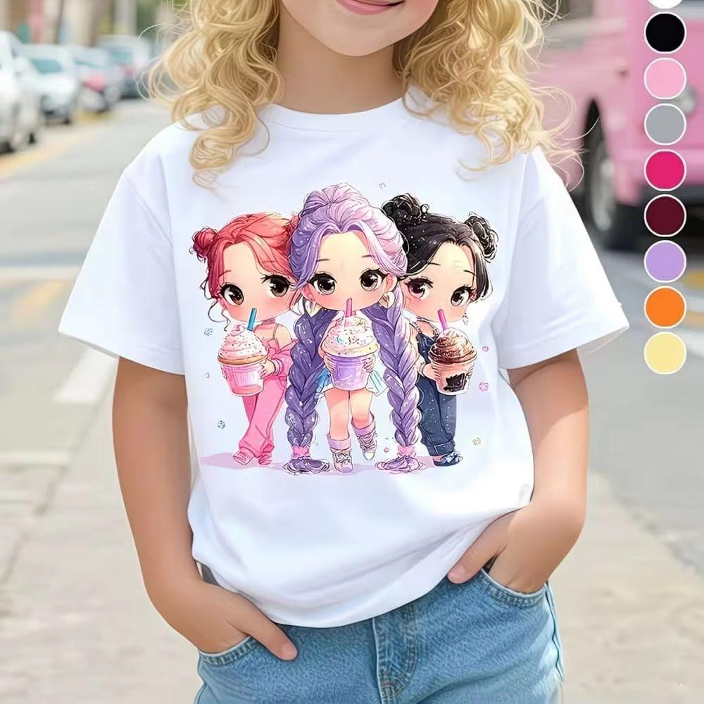 Children's Kpop Popular Cartoon Print T-Shirt Tops Clothing Design Casual Harajuku Style Round Neck Short Sleeve Girl Clothing