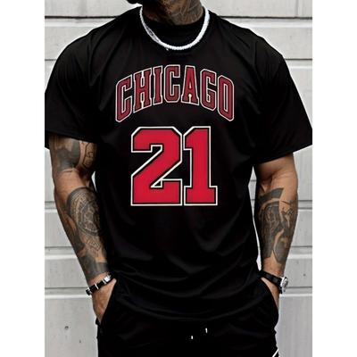 Tallas Europeas Hombre Camiseta Casual Manga Corta Chicago Número 21 Estampado de Letras _ Moda Estilo Callejero, Cuello Redondo, Ligero Elástico, Transpirable