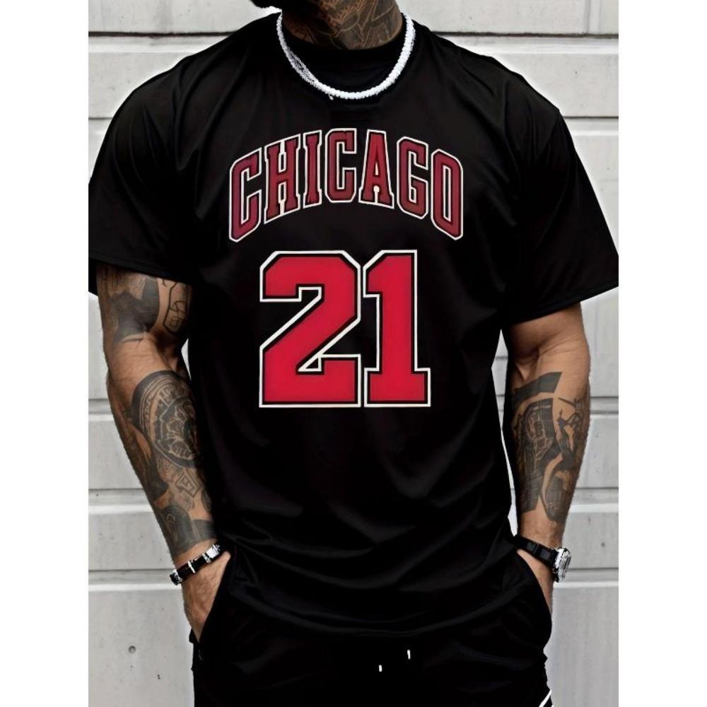 

European Sizes Men S Casual Short Sleeved Chicago 21 Number Letter Print T-Shirt _ Fashion Street Style, Crew Neck, Slight Stretch, Breathable XXXXXL чорний