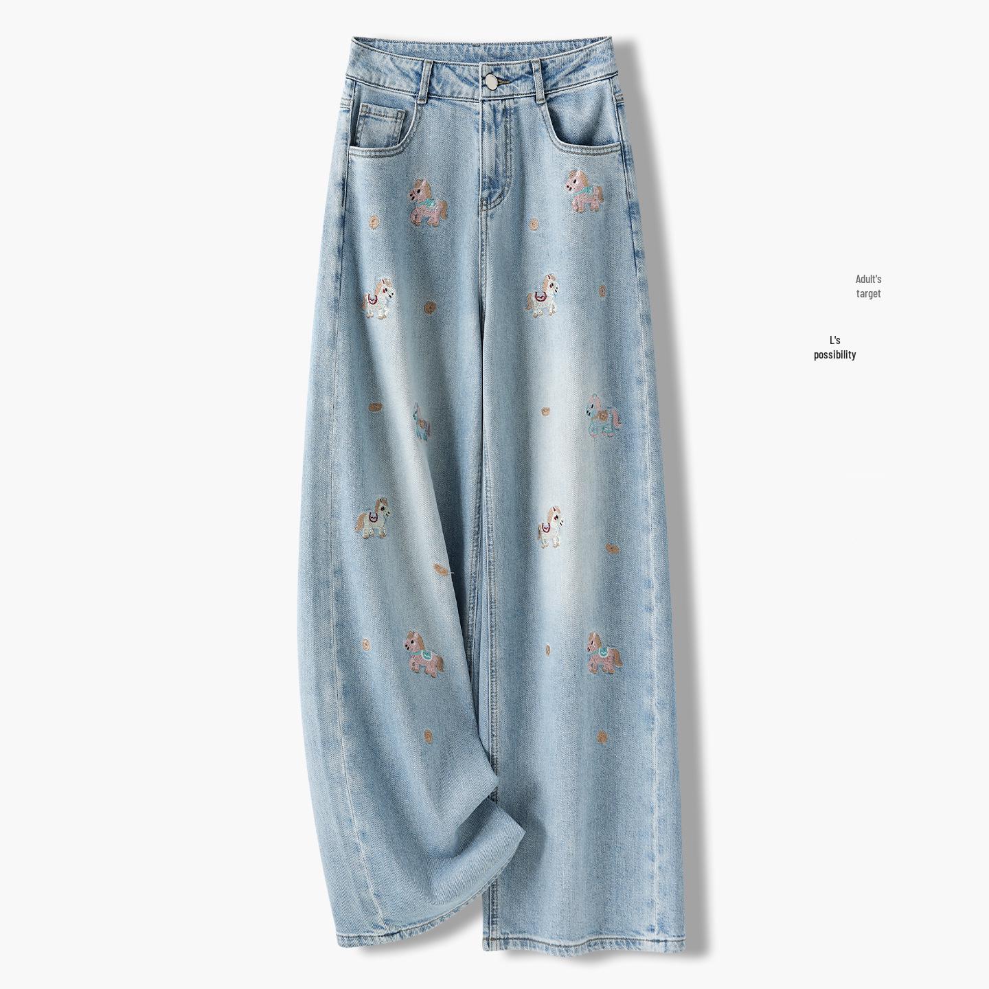 

Spring 2026 Women s High Waist Pony Embroidery Wide Leg Jeans M светло-синий