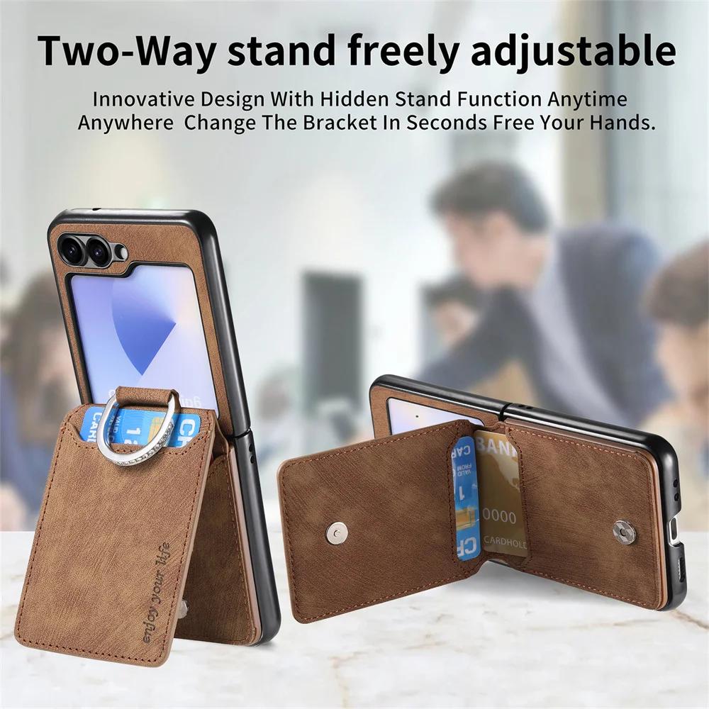 Retro Leather Wallet Phone Case with Ring Bracket for Samsung Galaxy Z Flip 7 Fe 6 5 4 3 Flip6 Flip5 Flip4 5G Cover Card Holder