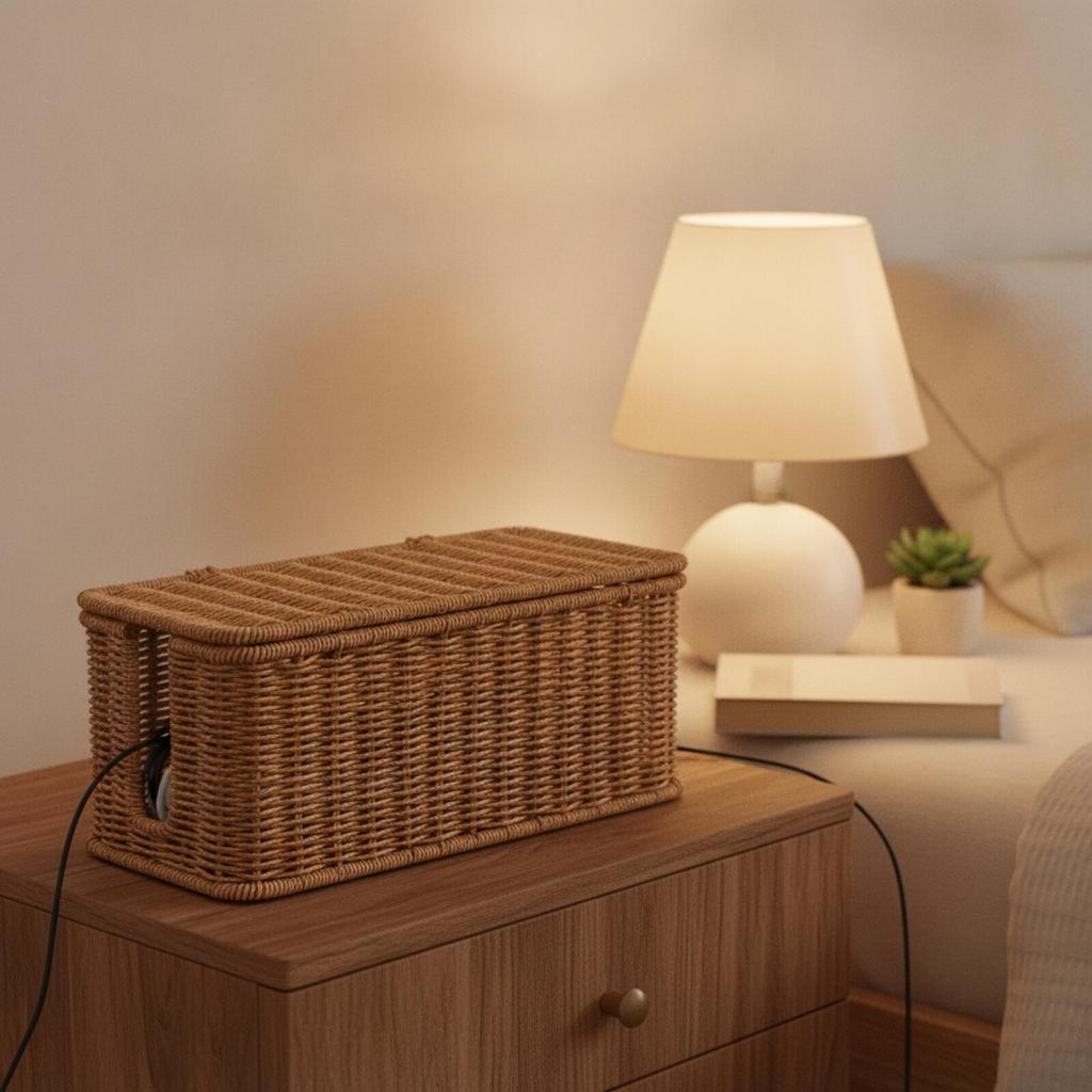 Woven Rattan Cable Management Box Decorative Power Strip Organizer with Cord Openings Enclosed