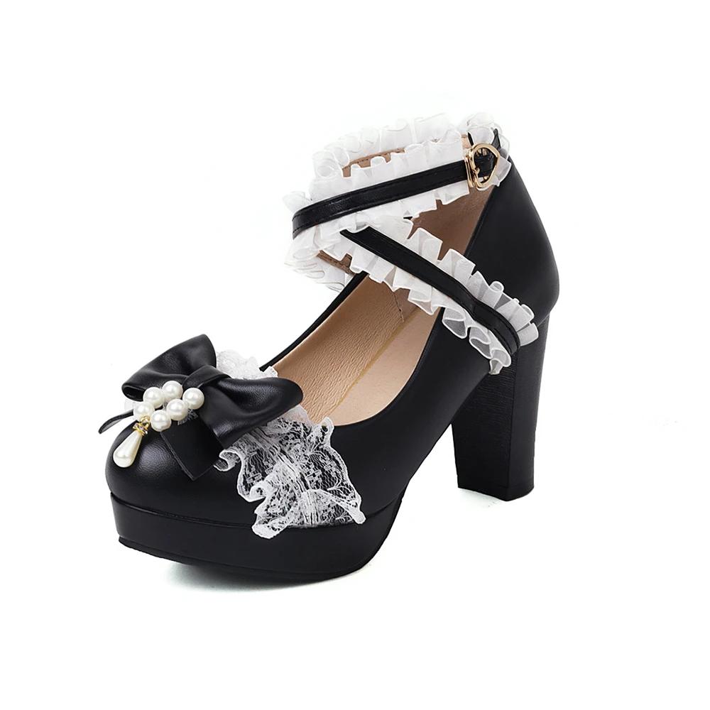 Fashion 2025 Summer New Ladies Platform Heels Cute Bow Lace Princess Mary Jane Lolita Shoes Party High Heel Buckle Women Pumps Pink 32