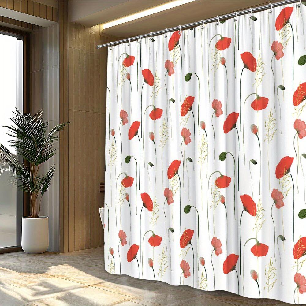 1pc Red Poppy Shower Curtain - Soft watercolor floral pattern, minimalist aesthetic with hooks machine washable polyester fabric