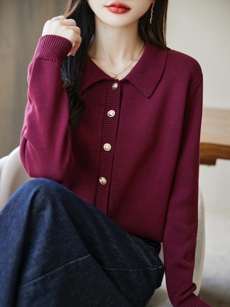 Cardigan ample côtelé pour femme 100% coton - Col rabattu, Tricot simple boutonnage pour le printemps et l'automne