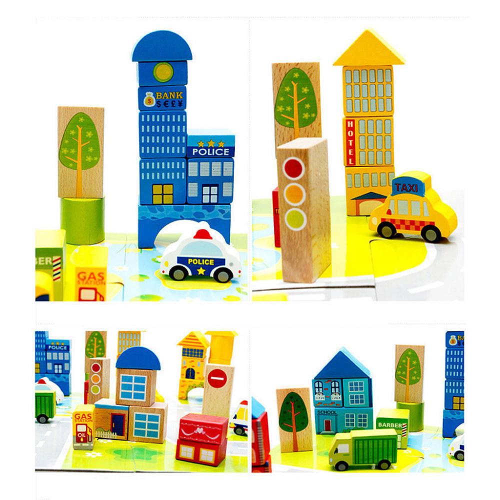 62-Piece Wood City Traffic Building Blocks