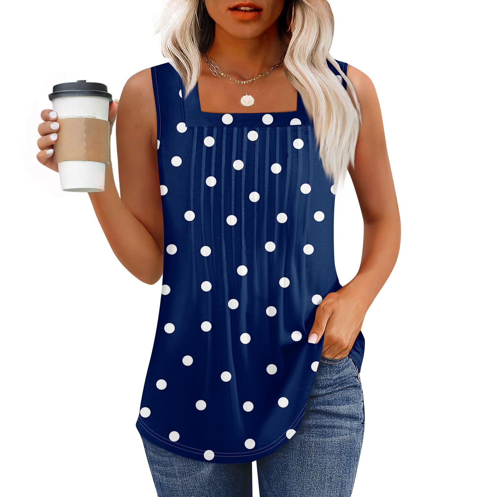 

Майка для женщин Летние наряды Без рукавов Блузки с принтом Повседневные свободные рубашки Плиссированные квадратные вырезы XL