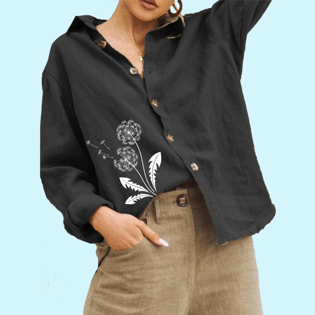 Women Fashion Buttoned Linen Shirt Floral Print Blouse Ladies Casual Long Sleeve Blouse