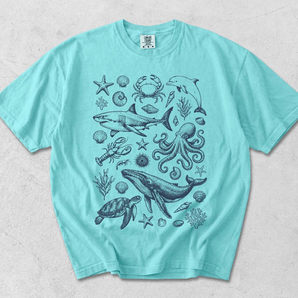 Retro Ocean Sea Animals T-Shirt, Y2k Whale Turtle Dolphin Graphic Tee