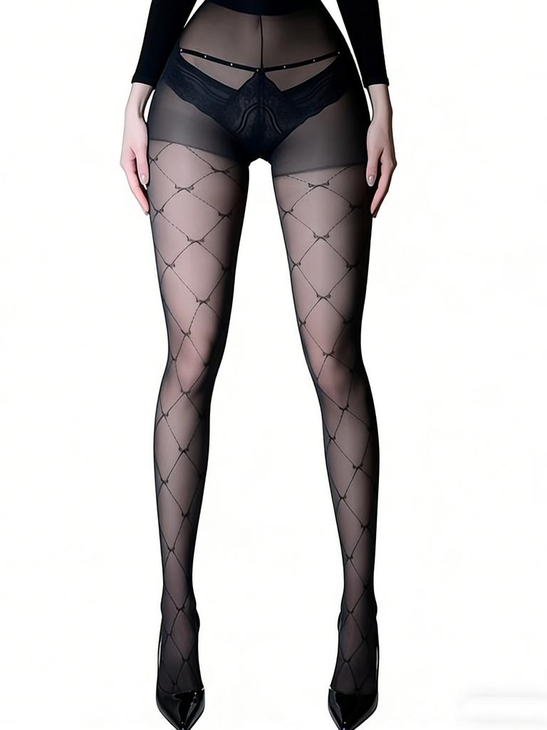 1 Pc Women'S Black Sheer Tights With Diamond Grid & Bow Detail, Sexy Hosiery For Spring/Summer Nightclub & Streetwear Outfits