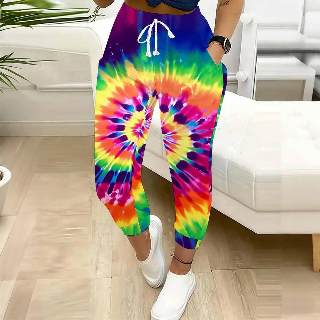 Summer Ladies Radiation Tie Dye Printed Sweatpants Loose Fit Drawstring Joggers Elastic Cuff Daily Casual Pants