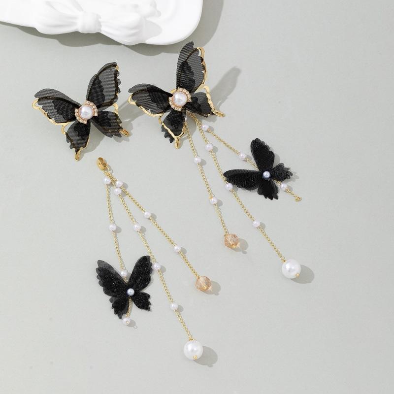 New Elegant Fairy Chiffon Buterfly Tassel Earrings For Women Fashion Imitation Pearl Dangle Drop Earrings Party Wedding Jewelry Gifts