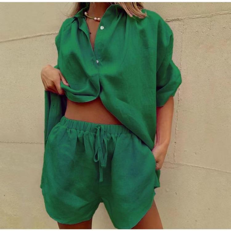 Summer Women Fashion Two Piece Set Casual Loose Button Tops with Drawstring Shorts Solid Color Home Suits Short Sleeve Outfit