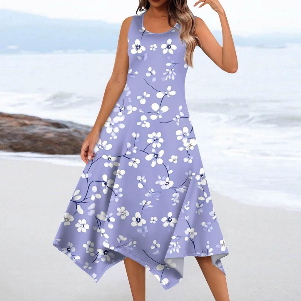 Women's Summer Fashion Round Neck Sleeveless Floral Print Irregular Hem Midi Dresses