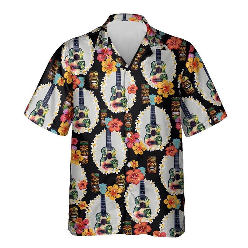 Camicie Grafiche Moda Ukulele da Uomo Abbigliamento Casual Ragazzo Ukelele Camicia da Spiaggia Strumento Uke Hawaiano Cantante Maschile Camicetta con Bavero