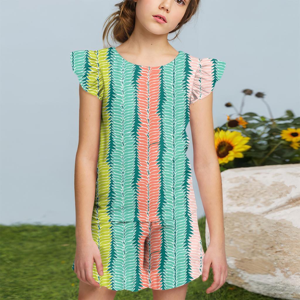 Summer Girls Cute Suit Flying Sleeves T-shirt Top + Ruffled Shorts Daily Outdoor Wear Cute Casual Fashion 2-Piece Set
