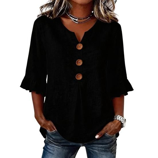 Women Shirt Stand-Up Collar V-Neck Buttons Decor Half Sleeve Ruffle Cuffs Pullover Tops Pure Color Loose Fit Summer Tops