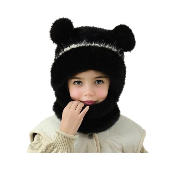 Children Hat with Face Guard Double Plush Ball Decor Solid Color Windproof Ear Protection Baby Hat Woolen Knitted Hat