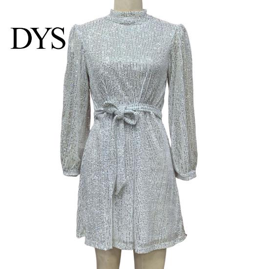 Solid Sequin Dress for Women Sequined Lace Up O-neck Long Sleeve Short Color Center of Attention Spring Autumn with Waist Tie Parties Weddings