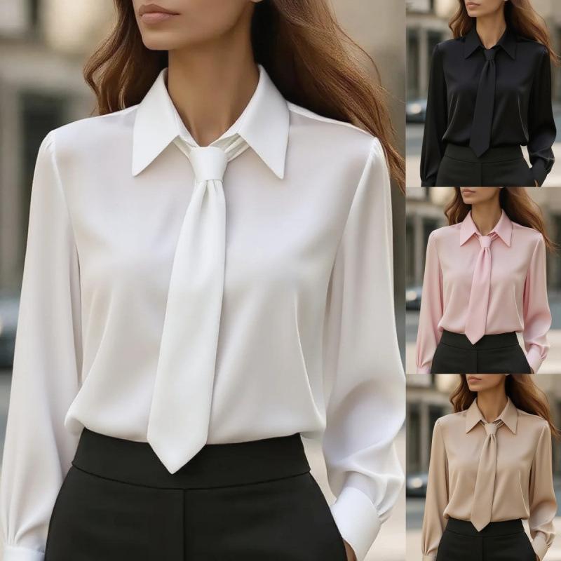Spot 2025 New Autumn Solid Color Casual Tie Long-sleeved French Shirt Women's Shirt