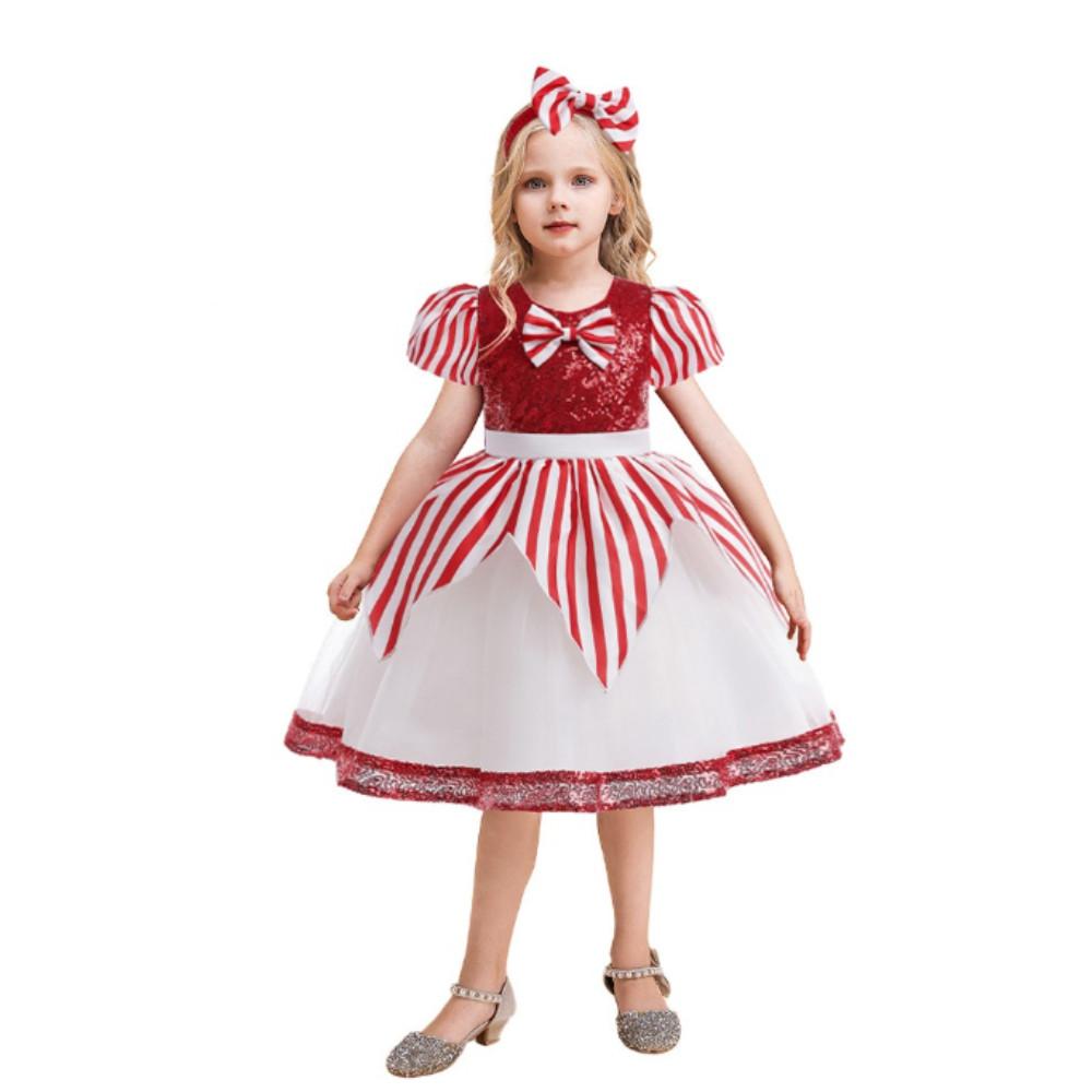 Kids Girls Santa Claus Xmas Elf Bow Sequins Princess Dress Children Christmas New Year Cosplay Costumes Kindergarten Performance Role Play Outfit