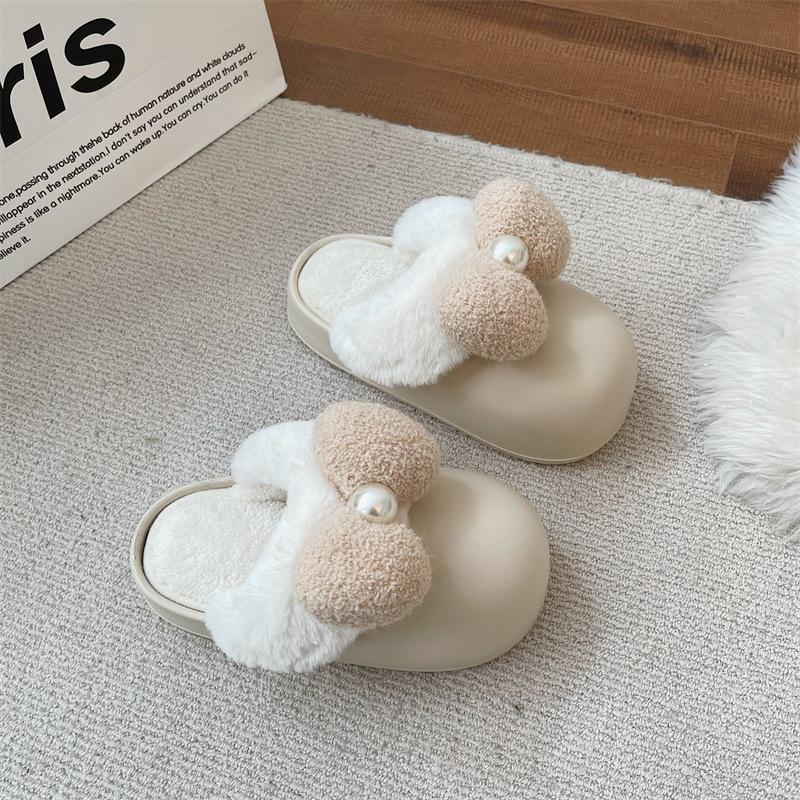 

Зимние теплые тапочки с бантом для женщин, для улицы, для спальни, мягкие, толстые, нескользящие, дизайнерские туфли, милые, с жемчужным украшением, повседневные, напольные тапочки 35-36 песочный