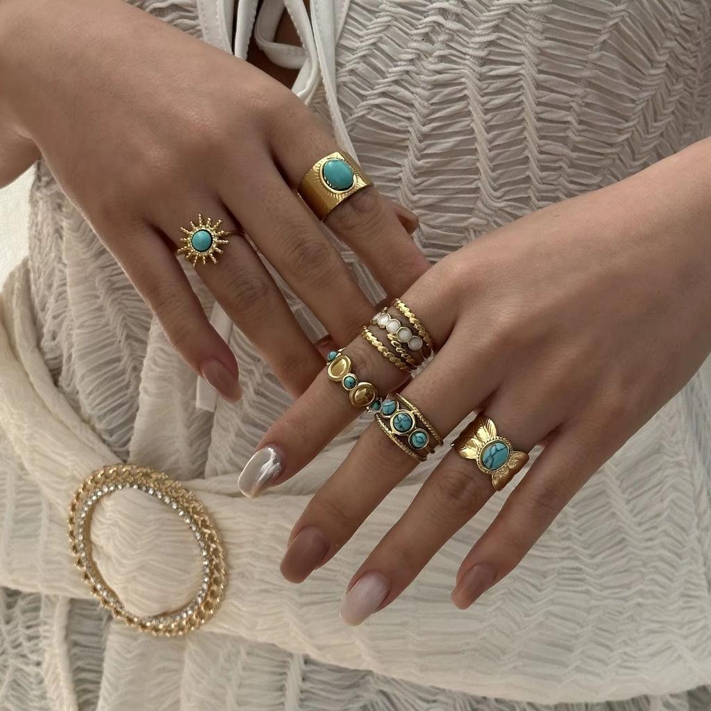 Stainless Steel Vintage Boho Turquoise Rings For Women Gold Plated Sun Butterfly Feather Wide Knuckle Finger Ring Party Jewelry