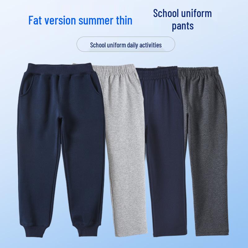 Fat Boy Gray Cotton Summer Sweatpants for Boys - Loose Straight-Leg School Uniform Pants, Navy Blue
