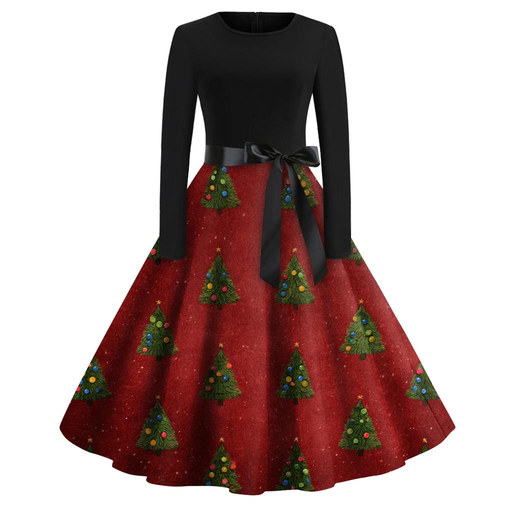 Mote for kvinner Rund Hals Casual Slim Fit Juleprint Stor Sving Langermet Kjole