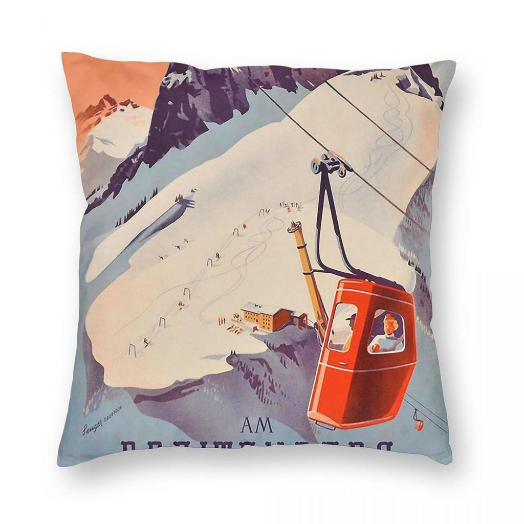 German Gondola Sport Ski Travel Square Pillowcase Polyester Linen Velvet Creative Zip Decorative Home Cushion Cover