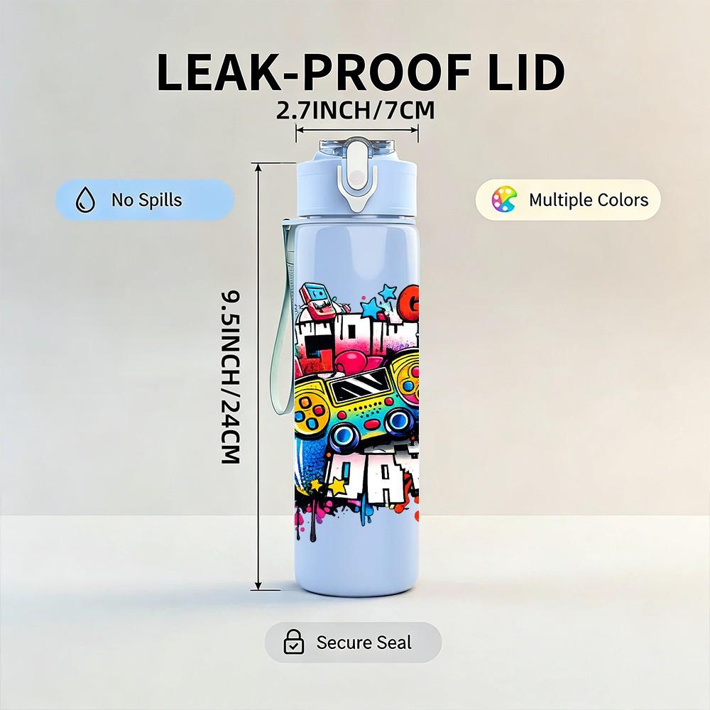 1PC Fun Birthday Party Graffiti Art Print 750ml Color Plastic Sports Water Bottle Leakproof Flip Straw Lid Suitable for Sports Office Home Use