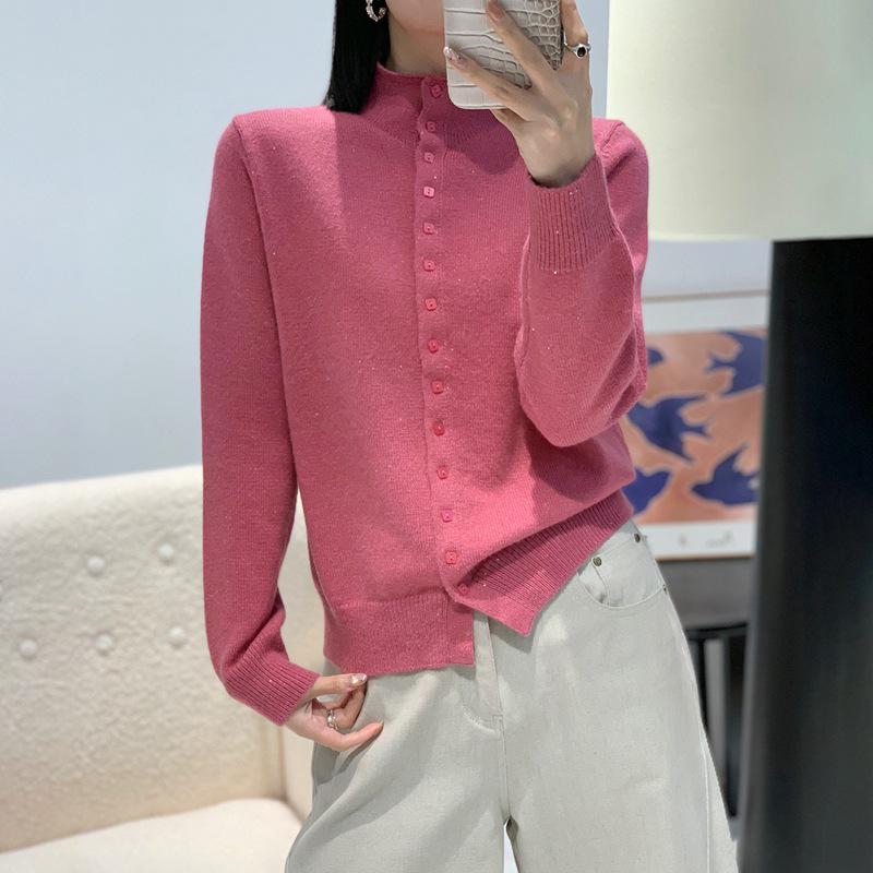 Women's Stand Collar Knit Cardigan with Sequin Yarn and Buttons - Long Sleeve, Versatile, Casual Loose-Fit Sweater Top