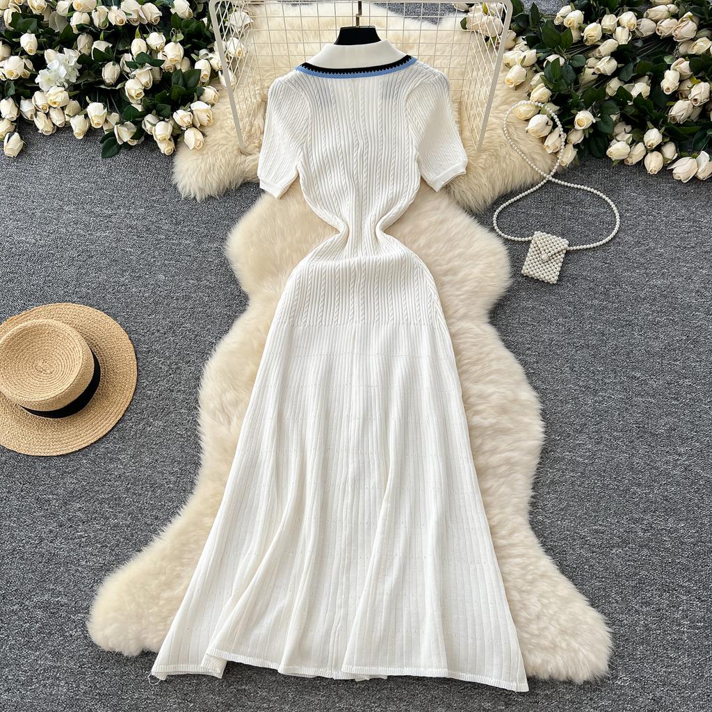 Summer Women Elegant V-neck Designer Embroidery Letter Knitted Sweater Single Breasted Long Midi Dresses