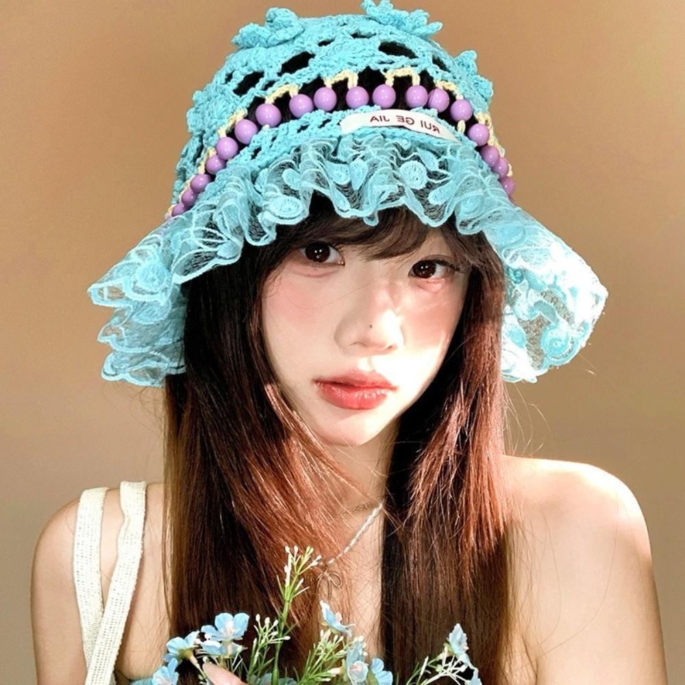 Summer Beads Knitted Hat Hollow Weave Basin Caps Sweet Crochet Bucket Hat  Ladies