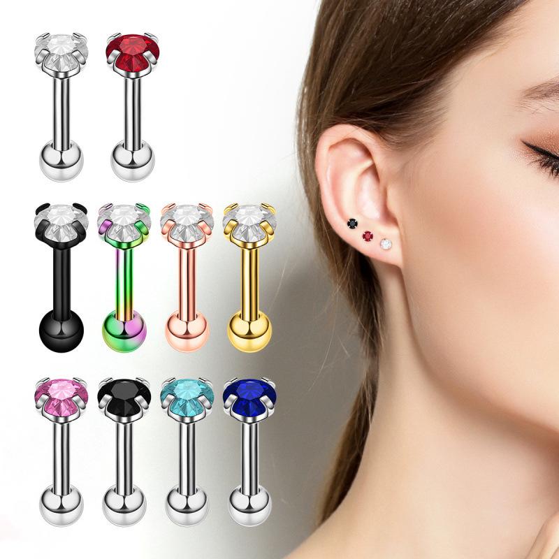 Stainless Steel Cubic Zirconia Stud Earrings - Round Four-Claw Cartilage Piercing Jewelry