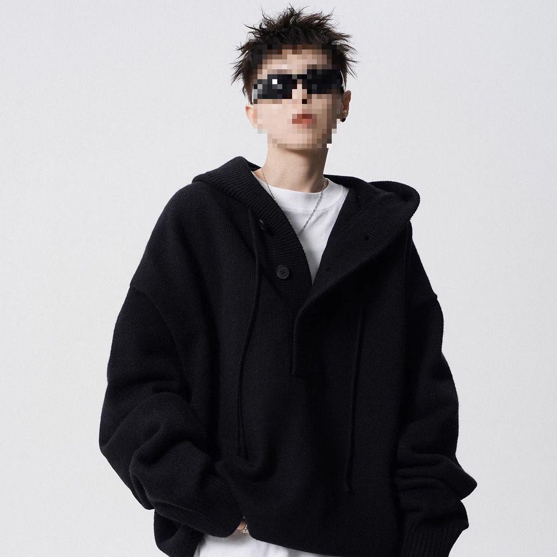 High Street Men s Plain Knit Hooded Sweater - Winter American Style Cleanfit Medium чёрный