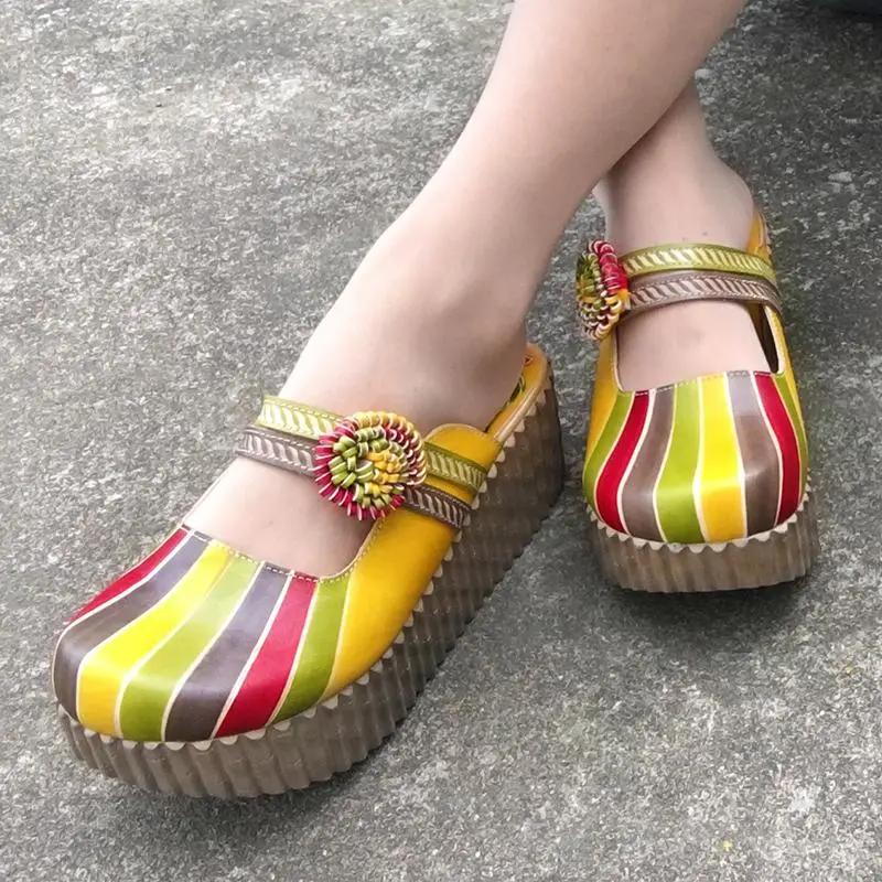 Fashion GKTINOO 2025 Summer Shoes Women Wedge Slides Cover Toes Handmade Flower Thick Heels Genuine Leather Lady Platform Slippers