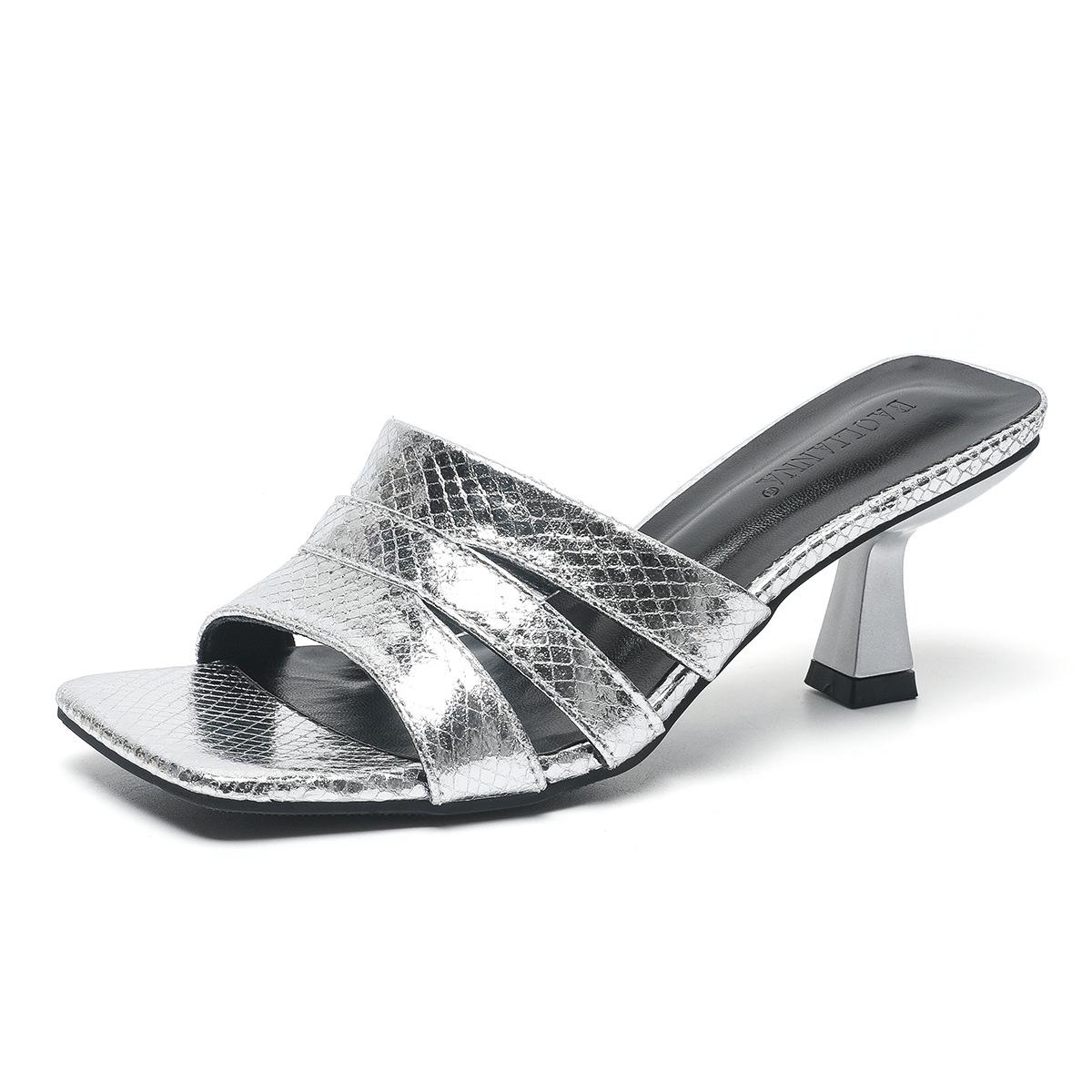 

Fashion gold/silver high heels slippers women cutout leather band flip flops open toe glitter summer shoes woman sandalias mujer 2025 34 серебряный